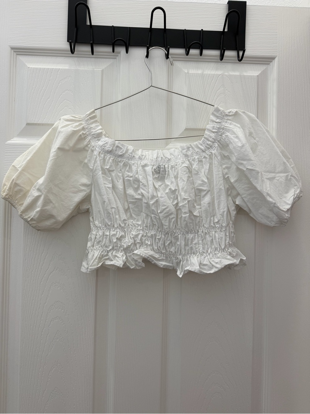 Zara White Smocked Off-Shoulder Puff Sleeve Crop Top